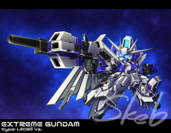 Rule 34 | alternate color, blue eyes, character name, chibi, clenched hand, commission, extreme gundam type leo ii vs, gun, gundam, gundam exa, gundam exa vs, haiteku reibou, holding, holding gun, holding weapon, mecha, no humans, robot, skeb commission, solo, space, v-fin, watermark, weapon