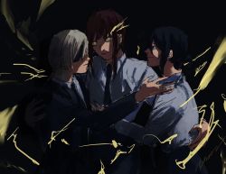 Rule 34 | 3girls, alternate eye color, bad id, bad twitter id, black eyes, black hair, black necktie, black pants, black suit, braid, braided ponytail, breasts, brown hair, business suit, chainsaw man, collared shirt, couple, dark background, eyepatch, formal, hair between eyes, hand on another&#039;s back, hand on another&#039;s stomach, highres, light smile, long hair, looking at another, makima (chainsaw man), medium breasts, multiple girls, necktie, office lady, pants, ponytail, quanxi (chainsaw man), reze (chainsaw man), ringed eyes, shirt, shirt tucked in, silver hair, smile, suit, white shirt, wife and wife and wife, yellow eyes, yukinoko 0 3, yuri
