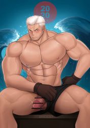 Rule 34 | 1boy, abs, absurdres, bar censor, bara, black male underwear, blush, boxers, bulge, censored, facial hair, flaccid, highres, large pectorals, looking at viewer, male focus, male underwear, male underwear pull, mature male, mikicat, muscular, muscular male, navel, nipples, one piece, pectorals, penis, pulling own clothes, scar, scar on chest, short hair, sideburns, sitting, smoker (one piece), smoking, solo, sparkle, spread legs, stitches, stomach, stubble, sweatdrop, thighs, underwear, underwear only, veins, white hair