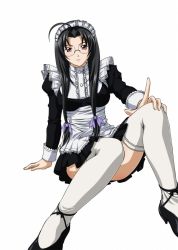 Rule 34 | 00s, 1girl, ahoge, alternate costume, black hair, breasts, enmaided, female focus, glasses, highres, ikkitousen, kaku bunwa, long hair, long sleeves, looking at viewer, maid, maid headdress, simple background, solo, thighhighs, twintails, white background, white thighhighs
