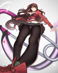 Rule 34 | 10s, 1girl, breasts, brown hair, cameltoe, chromatic aberration, cleavage, evan yang, foreshortening, from below, highres, huge breasts, lips, long hair, oversized object, panties, panties under pantyhose, pantyhose, purple eyes, safety pin, shigyou kuniko, shoes, skirt, solo, the rolling girls, underwear, upskirt, very long hair