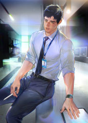 Rule 34 | 1boy, belt, black hair, commentary, denim, dress shirt, highres, holding, holding pencil, jeans, korean commentary, lanyard, light, looking at viewer, male focus, mole, muscular, muscular male, necktie, pants, pencil, puppy 1ove, reflection, salaryman, shirt, sitting, sitting on table, sleeves rolled up, stairs, watch, wristwatch, yellow eyes