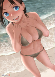Rule 34 | 1girl, :d, bare arms, bare legs, bare shoulders, beach, bikini, black bikini, black hair, blue eyes, blush, breasts, cleavage, commentary request, day, highres, large breasts, looking at viewer, mu-pyon, navel, open mouth, original, outdoors, ponytail, sand, smile, solo, standing, string bikini, swimsuit, twitter username, water, water drop, wet