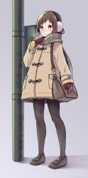 Rule 34 | 1girl, :o, bag, bang dream!, blush, breath, brown coat, brown footwear, brown hair, brown pantyhose, brown scarf, coat, commentary request, duffel coat, earmuffs, full body, gloves, grey background, hazawa tsugumi, highres, loafers, long sleeves, looking away, nose blush, pantyhose, parted lips, plaid, plaid scarf, red eyes, red gloves, scarf, shadow, shipii (jigglypuff), shoes, shoulder bag, sleeves past wrists, solo, standing