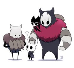 Rule 34 | 4others, bad id, bad pixiv id, brumm (hollow knight), cloak, commentary request, dated, full body, fur collar, grey cloak, grimmchild, headpat, holding, holding instrument, hollow eyes, hollow knight, horns, instrument, knight (hollow knight), looking at another, mask, multiple others, no humans, nymm (hollow knight), sango (y1994318), simple background, standing, weapon, white background