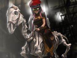 Rule 34 | 1girl, beer hat, blunt bangs, breasts, cleavage, goggles, holding, hololive, hololive english, horse, horseback riding, infi, light rays, long hair, looking at viewer, mori calliope, pink hair, riding, skeleton horse, solo, spikes, virtual youtuber