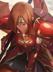 Rule 34 | 1girl, altena (fire emblem), armor, asagi (banzoku210), breastplate, brown eyes, brown hair, closed mouth, elbow gloves, fingerless gloves, fire emblem, fire emblem: genealogy of the holy war, gloves, headband, holding, holding weapon, long hair, looking down, nintendo, red armor, riding, shoulder armor, weapon