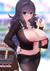 Rule 34 | 1girl, ahoge, blue eyes, blush, bottle, breasts, breasts out, cleavage, creatures (company), female focus, game freak, hairband, hex maniac (pokemon), highres, huge breasts, large areolae, long hair, looking at viewer, milk bottle, moomoo milk, nail polish, nintendo, nipples, npc trainer, pokemon, pokemon xy, puffy nipples, purple hair, solo, standing, sumisumii, thick thighs, thighs