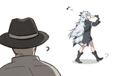 Rule 34 | 1boy, 1girl, ?, animal ears, arknights, black coat, black footwear, black shorts, boots, coat, cup, drinking, eighth note, grey hair, holding, holding cup, lappland (arknights), lappland (refined horrormare) (arknights), long hair, long sleeves, mabing, musical note, official alternate costume, shorts, simple background, tail, very long hair, walking, white background, wolf ears, wolf girl, wolf tail