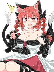 Rule 34 | 1girl, animal ears, black bow, black frills, black legwear, black tail, bow, braid, breasts, brooch, cat ears, cat tail, chups, cleavage, cosplay, dress, extra ears, fang, frills, hair bow, highres, imaizumi kagerou, imaizumi kagerou (cosplay), jewelry, kaenbyou rin, large breasts, long sleeves, multiple tails, nail polish, off-shoulder dress, off shoulder, open mouth, red eyes, red hair, red nails, short hair, simple background, sitting, smile, solo, sweat, tail, touhou, twin braids, two tails, white background, white dress, wide sleeves