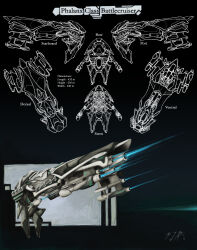 Rule 34 | absurdres, battlecruiser (eve online), character sheet, commentary, concept art, eve online, from side, gallente federation (eve online), glowing, highres, military vehicle, multiple views, no humans, original, peacewise, science fiction, spacecraft, thrusters, vehicle focus