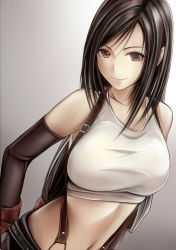 Rule 34 | 1990s (style), 1girl, black hair, breasts, brown eyes, final fantasy, final fantasy vii, gradient background, large breasts, long hair, looking at viewer, midriff, nannacy7, navel, retro artstyle, smile, solo, square enix, suspenders, tank top, tifa lockhart, upper body