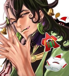 Rule 34 | 1boy, :q, ashiya douman (fate), asymmetrical clothes, asymmetrical hair, bell, black eyes, black hair, bv illust, christmas, curly hair, earrings, evil smile, eyeshadow, fate/grand order, fate (series), fingernails, floating, floating object, green eyeshadow, green kimono, green lips, green nails, hair bell, hair between eyes, hair intakes, hair ornament, hat, japanese clothes, jewelry, jingle bell, kimono, licking lips, lipstick, long hair, looking at viewer, magatama, magatama earrings, makeup, male focus, multicolored hair, nail polish, open clothes, open kimono, own hands together, portrait, ribbed sleeves, santa hat, sharp fingernails, shikigami, smile, solo, tongue, tongue out, two-tone hair, upper body, very long fingernails, very long hair, white hair