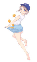 Rule 34 | 1girl, aqua eyes, artist name, artist request, bare legs, bare shoulders, barefoot, blue eyes, blue hat, blue skirt, blush, breasts, brown hair, collarbone, feet, female focus, food, from behind, fruit, full body, grey hair, hair between eyes, hat, highres, light brown hair, looking at viewer, looking back, love live!, love live! school idol festival, love live! sunshine!!, orange (fruit), parted lips, shirt, short hair, short sleeves, sideboob, skirt, skirt basket, skirt hold, sleeves rolled up, smile, solo, standing, standing on one leg, watanabe you, white background, white shirt