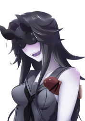 Rule 34 | 10s, 1girl, :d, abyssal ship, armpit sex, bare shoulders, black hair, breasts, censored, dress, highres, horns, kantai collection, light cruiser princess, long hair, mask, medium breasts, nagi ria, open mouth, pale skin, penis, pointless censoring, precum, sailor collar, sailor dress, smile, solo focus, sweat, upper body, white background