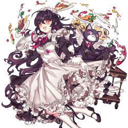 Rule 34 | 1girl, ahoge, animal ears, black hair, cat ears, dress, floating, floating object, hair between eyes, holding, holding tray, jewelry, kneehighs, long hair, long sleeves, looking at viewer, necklace, official art, open mouth, pika (kai9464), puffy sleeves, round teeth, sleeve cuffs, socks, solo, spill, teeth, transparent background, tray, uchi no hime-sama ga ichiban kawaii, very long hair, waitress, white socks, wings, yellow eyes, yumemi (uchi no hime-sama)