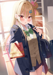 Rule 34 | 1girl, bag, blonde hair, blue coat, blue skirt, blush, bow, bowtie, brown cardigan, brown hair, cardigan, chestnut mouth, coat, collared shirt, commentary request, duffel coat, ear piercing, earrings, fingernails, gift, green bow, green bowtie, hair between eyes, hair bun, hair ornament, hairclip, highres, holding, holding gift, incoming gift, indoors, jewelry, long fingernails, long hair, looking at viewer, multicolored hair, nail polish, open clothes, open coat, original, outstretched arm, piercing, pink hair, piyopoyo, pleated skirt, red eyes, red nails, school bag, school uniform, shirt, getabako, single earring, single hair bun, skirt, solo, streaked hair, sunlight, two-tone hair, valentine, white shirt, wooden floor