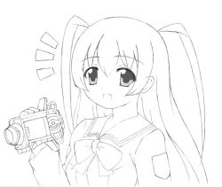 Rule 34 | 00s, 1girl, :d, ^^^, blush, bow, bowtie, camcorder, camera, eyebrows, gakuen utopia manabi straight!, greyscale, happy, holding, lineart, long hair, long sleeves, looking at viewer, monochrome, odori momoha, open mouth, sailor collar, school uniform, serafuku, simple background, smile, solo, surprised, twintails, upper body, video camera, white background