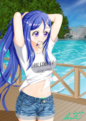 Rule 34 | 1girl, absurdres, adjusting hair, artist name, artist request, blue hair, blue pants, blue shorts, blue sky, blush, breasts, building, clothes writing, cloud, curly hair, day, female focus, fixing hair, floating hair, hair between eyes, high ponytail, highres, long hair, looking at viewer, love live!, love live! sunshine!!, matsuura kanan, medium breasts, mouth hold, ocean, outdoors, pants, parted lips, ponytail, purple eyes, shirt, short sleeves, shorts, sky, smile, solo, tied shirt, tree, wavy hair, white shirt