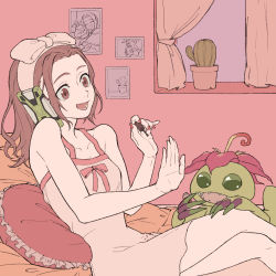 Rule 34 | 1girl, bare arms, bare shoulders, bow, breasts, brown eyes, brown hair, cactus, chunri (cat795812), collarbone, cradling phone, digimon, digimon (creature), digimon adventure: last evolution kizuna, frilled pillow, frills, from side, hair bow, highres, indoors, long hair, lower teeth only, nail polish, palmon, phone, photo (object), pillow, plant, potted plant, red nails, small breasts, smile, tachikawa mimi, talking on phone, teeth, tongue