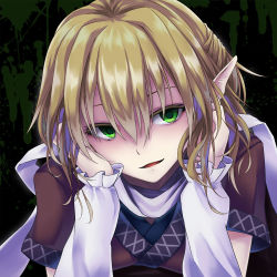 Rule 34 | 1girl, arm warmers, blonde hair, blush, head rest, din (flypaper), empty eyes, green eyes, looking at viewer, mizuhashi parsee, pointy ears, scarf, shaded face, short hair, smile, smirk, solo, touhou, yandere