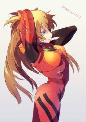 Rule 34 | 10s, 1girl, arched back, arms behind head, arms up, ass, bad id, bad pixiv id, blonde hair, blue eyes, bodysuit, bracer, breasts, colored eyelashes, copyright name, cowboy shot, duct tape, evangelion: 3.0 you can (not) redo, eyepatch, from side, gradient background, grey background, grin, hair ornament, hajime (hajime-ill-1st), headgear, highres, long hair, looking at viewer, neon genesis evangelion, orange hair, parted lips, pilot suit, plugsuit, rebuild of evangelion, small breasts, smile, solo, souryuu asuka langley, turtleneck, two side up, very long hair