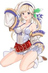 Rule 34 | 1girl, :d, bare shoulders, belt, blonde hair, blue eyes, boots, bow, breasts, camisole, commentary request, copyright request, cucouroux (granblue fantasy), detached sleeves, granblue fantasy, green bow, hair bow, hand on headwear, hand up, hat, highres, kneeling, large breasts, long sleeves, looking at viewer, open mouth, panties, simple background, smile, solo, tetsu (kimuchi), twintails, underwear, white background, white hat, white panties, wide sleeves