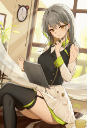 Rule 34 | 1girl, absurdres, bare shoulders, black necktie, black thighhighs, blonde hair, blush, clock, closed mouth, colored inner hair, crossed legs, cup, dated, detached sleeves, garter straps, green hair, grey hair, hair ornament, hairclip, highres, holding, holding stylus, indoors, long sleeves, looking at viewer, miniskirt, multicolored hair, necktie, original, signature, sitting, skirt, smile, solo, streaked hair, stylus, tablet pc, thighhighs, unique (pixiv12704744), vase, white skirt, wind, yellow eyes