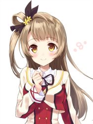 Rule 34 | 10s, 1girl, blush, bow, buttons, clenched hand, double-breasted, flower, frilled shirt collar, frills, grey hair, hair bow, hair flower, hair ornament, long hair, long sleeves, love live!, love live! school idol project, minami kotori, neck ribbon, one side up, ribbon, rimo, simple background, smile, solo, upper body, white background, yellow eyes