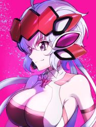 Rule 34 | 1girl, ahoge, bodysuit, breasts, cleavage, cleavage cutout, clothing cutout, commentary request, elbow gloves, gloves, headgear, highres, large breasts, light purple hair, looking to the side, low twintails, making-of available, pink background, purple eyes, senki zesshou symphogear, smirk, solo, symphogear pendant, tatsuki (pizza no tempra), traditional media, twintails, upper body, yukine chris