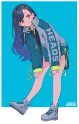 Rule 34 | 1girl, black hair, black shirt, blue background, blue jacket, brown eyes, closed mouth, copyright name, drawstring, full body, gradient hair, grey footwear, grey shorts, hair ornament, hairclip, headphones, headphones around neck, highres, jacket, leaning forward, long hair, long sleeves, looking at viewer, multicolored hair, open clothes, open jacket, project sekai, purple hair, shiraishi an, shirt, shoes, short shorts, shorts, sleeves past wrists, smile, solo, standing, standing on one leg, star (symbol), star hair ornament, two-tone background, uso (ameuzaki), very long hair, white background