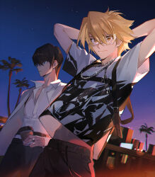 Rule 34 | 2boys, arms behind head, arms up, blonde hair, blue eyes, brown hair, chain necklace, city lights, coffee cup, collared shirt, cup, disposable cup, glasses, hair between eyes, highres, inkerpape, jewelry, jonouchi katsuya, kaiba seto, male focus, multiple boys, navel, necklace, night, night sky, outdoors, palm tree, shirt, short hair, sidelighting, sky, smile, star (sky), starry sky, sunset, t-shirt, tree, upper body, white shirt, yellow eyes, yu-gi-oh!, yu-gi-oh! duel monsters