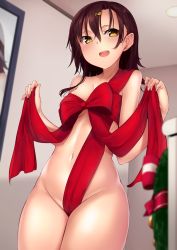 Rule 34 | 1girl, :d, bare shoulders, blurry, blush, breasts, brown hair, ceiling, ceiling light, christmas, christmas wreath, cowboy shot, depth of field, eyelashes, hair between eyes, hair ornament, hairclip, highres, holding, indoors, long hair, looking at viewer, mirror, monobe tsukuri, naked ribbon, navel, open mouth, original, red ribbon, reflection, ribbon, small breasts, smile, solo, stomach, teeth, tongue, wall, wreath, yellow eyes