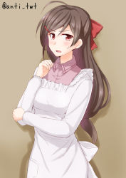 Rule 34 | &gt;:o, 10s, 1girl, :o, anti (untea9), apron, arm grab, beige background, bow, brown hair, cowboy shot, frilled apron, frills, hair bow, hair ornament, hairclip, hand on own arm, highres, kantai collection, kappougi, long hair, long sleeves, looking at viewer, low-tied long hair, mamiya (kancolle), open mouth, pocket, red bow, red eyes, simple background, solo, sweatdrop, swept bangs, v-shaped eyebrows, very long hair, white bow