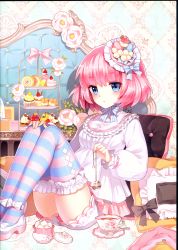Rule 34 | 1girl, absurdres, ankle lace-up, black bow, blue eyes, blush, bow, bowtie, cross-laced footwear, cup, cupcake, flower, food, frilled shirt collar, frilled thighhighs, frills, hair between eyes, highres, holding, huge filesize, long sleeves, looking away, nardack, non-web source, original, parted lips, pink hair, puffy long sleeves, puffy sleeves, saucer, scan, shirt, shoes, short hair, short shorts, shorts, solo, spoon, striped bow, striped bowtie, striped clothes, striped neckwear, striped thighhighs, sugar cube, sweets, tea, teacup, thighhighs, tiered tray, white bow, white flower, white footwear, white shirt, white shorts