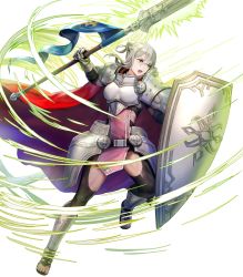 Rule 34 | 1girl, alternate costume, armor, asatani tomoyo, bodysuit, bodysuit under clothes, breastplate, cape, dress, effie (fire emblem), fire emblem, fire emblem fates, fire emblem heroes, full body, gauntlets, green eyes, grey hair, hair bun, highres, holding, holding polearm, holding weapon, leg up, looking away, nintendo, non-web source, official art, open mouth, pelvic curtain, polearm, red cape, sandals, shield, shiny clothes, short dress, shoulder armor, single hair bun, solo, spear, teeth, toeless footwear, toes, transparent background, weapon