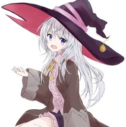 Rule 34 | 1girl, brown robe, check commentary, collared shirt, commentary request, core (mayomayo), cowboy shot, elaina (majo no tabitabi), frilled shirt, frills, hair between eyes, hand up, hat, hat ornament, highres, large hat, long hair, long sleeves, looking at viewer, majo no tabitabi, open clothes, open mouth, open robe, pink shirt, purple eyes, purple hat, purple skirt, ribbon, robe, shirt, silver hair, simple background, skirt, smile, solo, white background, wide sleeves, witch hat, yellow neckwear, yellow ribbon