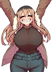 Rule 34 | 1girl, arms behind head, black hair, black shirt, blonde hair, blush, breasts, brown jacket, closed eyes, commentary, denim, fur trim, highres, huge breasts, jacket, jeans, kinjo no hito no nakimushi, large breasts, long sleeves, looking at viewer, multicolored hair, ochiai (kinjo no hito no nakimushi), open clothes, open jacket, pants, romaji commentary, shirt, smile, solo, standing, two-tone hair, zyugoya