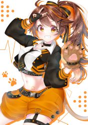 Rule 34 | 1girl, absurdres, animal hands, blush, brown eyes, brown hair, commentary request, earrings, fingerless gloves, food, fruit, gloves, hair ornament, highres, jewelry, leo (symbol), leo (zodiac), looking at viewer, midriff, nail polish, orange (fruit), orange theme, re:act, shishigami leona, shorts, side ponytail, solo, thigh strap, v, virtual youtuber, white background, x hair ornament, zodiac