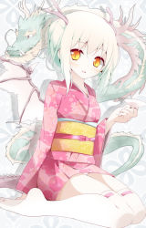 Rule 34 | 1girl, bad id, bad pixiv id, blush, dragon girl, dragon wings, highres, horns, japanese clothes, kimono, looking at viewer, monster girl, no shoes, obi, oouso, original, sash, short hair, sidelocks, smile, solo, thighhighs, white hair, white thighhighs, wings, yellow eyes