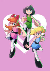 3girls :o antenna_hair black_hair black_shoes blonde_hair blossom_(ppg) blue_dress blue_eyes bow bubbles_(ppg) bug buttercup_(ppg) butterfly clenched_hand clenched_hands clenched_teeth dress fighting_stance green_dress green_hair hair_bow hand_up highres insect mary_janes multiple_girls orange_hair pantyhose pink_background pink_dress pink_eyes powerpuff_girls pringus_mcdingus red_bow serious shoes short_twintails siblings sisters teeth twintails white_pantyhose