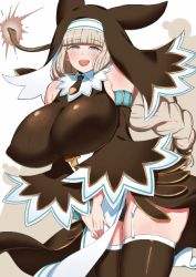 Rule 34 | 10s, 1girl, animal ears, animated, animated gif, aqua eyes, black panties, blonde hair, blush, bombergirl, braid, breasts, brown hair, brown thighhighs, castlevania (series), covered erect nipples, detached sleeves, dress, embarrassed, fake animal ears, female focus, garter straps, green eyes, habit, huge breasts, komusou (jinrikisha), light brown background, long hair, looking at viewer, multicolored background, nun, open mouth, own hands together, panties, paper, ponytail, sepia belmont, sidelocks, single braid, skindentation, smile, solo, standing, tearing, thighhighs, thighs, torn clothes, uncensored, underwear, vampire killer, weapon, whip, white background