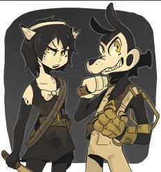 Rule 34 | 1boy, 1girl, alice (bendy and the ink machine), allison (bendy and the ink machine), bendy and the ink machine, black hair, boris (bendy and the ink machine), bow, breasts, choker, elbow gloves, gloves, highres, weapon, yellow eyes