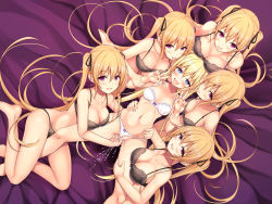 Rule 34 | 6+girls, ahegao, black bra, black panties, blonde hair, blue eyes, blush, bra, breasts, cleavage, clothing aside, collarbone, double v, drooling, dual persona, female ejaculation, fingering, from above, hand on another&#039;s thigh, heart, heart-shaped pupils, highres, large breasts, long hair, medium breasts, multiple girls, navel, non-web source, original, panties, panties aside, pink eyes, pussy juice, symbol-shaped pupils, tongue, tongue out, twintails, underwear, underwear only, utsurogi akira, v, very long hair, white bra, white panties, yuri