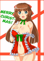 Rule 34 | 1girl, areola slip, bare shoulders, blue eyes, breasts, brown hair, christmas, curvy, female focus, hair ornament, hair ribbon, hard-translated, huge breasts, long hair, navel, no panties, open clothes, open mouth, original, pussy, ribbon, santa costume, solo, soubee1, standing, third-party edit, translated