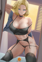 Rule 34 | 1girl, android 18, bare shoulders, black panties, black sports bra, black thighhighs, blue eyes, blush, breasts, choker, cleavage, collarbone, cyicheng, denim vest, dragon ball, dragon ball (object), earrings, forehead, garter belt, jewelry, kneeling, large breasts, looking at viewer, mirror, navel, off shoulder, open clothes, open vest, panties, parted bangs, parted lips, reflection, short hair, solo, sports bra, thighhighs, thighs, underwear, vest