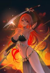 Rule 34 | 1girl, absurdres, arm up, armpits, bare shoulders, bikini, black bikini, breasts, cleavage, collarbone, cowboy shot, cutlass, detached sleeves, dual wielding, fire, glint, gold trim, highleg, highleg bikini, highres, holding, large breasts, long hair, long sleeves, looking at viewer, myabit, navel, original, parted lips, pelvic curtain, red eyes, red hair, revealing clothes, solo, stomach, strapless, strapless bikini, string bikini, swimsuit, thighs, very long hair