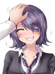 Rule 34 | 10s, 1girl, :d, ^ ^, admiral (kancolle), blazer, blush, closed eyes, collared shirt, eyepatch, grin, hand on another&#039;s head, head pat, headpat, highres, jacket, kantai collection, long sleeves, motion lines, necktie, neit ni sei, open mouth, pov, pov hands, purple hair, purple necktie, school uniform, shirt, short hair, simple background, smile, solo focus, tenryuu (kancolle), white background, white shirt