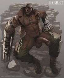 Rule 34 | 1boy, abs, absurdres, bara, barret wallace, boots, dark-skinned male, dark skin, erection, final fantasy, final fantasy (series), final fantasy vii, full body, glasses, gloves, highres, large penis, looking at viewer, lying, male focus, muscular, penis, pubic hair, smile, solo, square enix, testicles, torn clothes, undressing, weapon, weiss (artist)