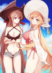 Rule 34 | 2girls, anchor earrings, azur lane, backless swimsuit, bikini, bikini under clothes, black bikini, black headwear, blonde hair, blue sky, breast hold, breasts, bridal garter, brown hair, cleavage, cloud, collarbone, commentary request, criss-cross halter, cross-laced bikini, cross-laced clothes, cross-laced one-piece swimsuit, crossed arms, cutoff jeans, cutoffs, day, detached sleeves, earrings, front-tie bikini top, front-tie top, grey ribbon, grey shorts, hair between eyes, halterneck, hat, hat ribbon, highleg, highleg bikini, highleg swimsuit, highres, jean bart (azur lane), jean bart (private apres midi) (azur lane), jewelry, large breasts, light frown, long hair, medium breasts, micro shorts, midriff, multiple girls, navel, ocean, one-piece swimsuit, oumi sanaka, outdoors, pink one-piece swimsuit, pirate hat, purple eyes, red ribbon, ribbon, richelieu (azur lane), richelieu (fleuron of the waves) (azur lane), short shorts, shorts, sideboob, sky, smile, sun hat, swimsuit, thighs, very long hair, white headwear, white sleeves